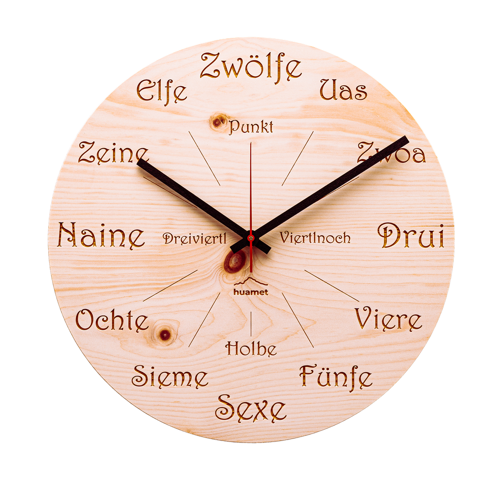 [CH40-A-1605] Uhrform - Geräuschlose Wanduhr, Zirbenholz, rund, ø 30 cm (Ultnerisch)