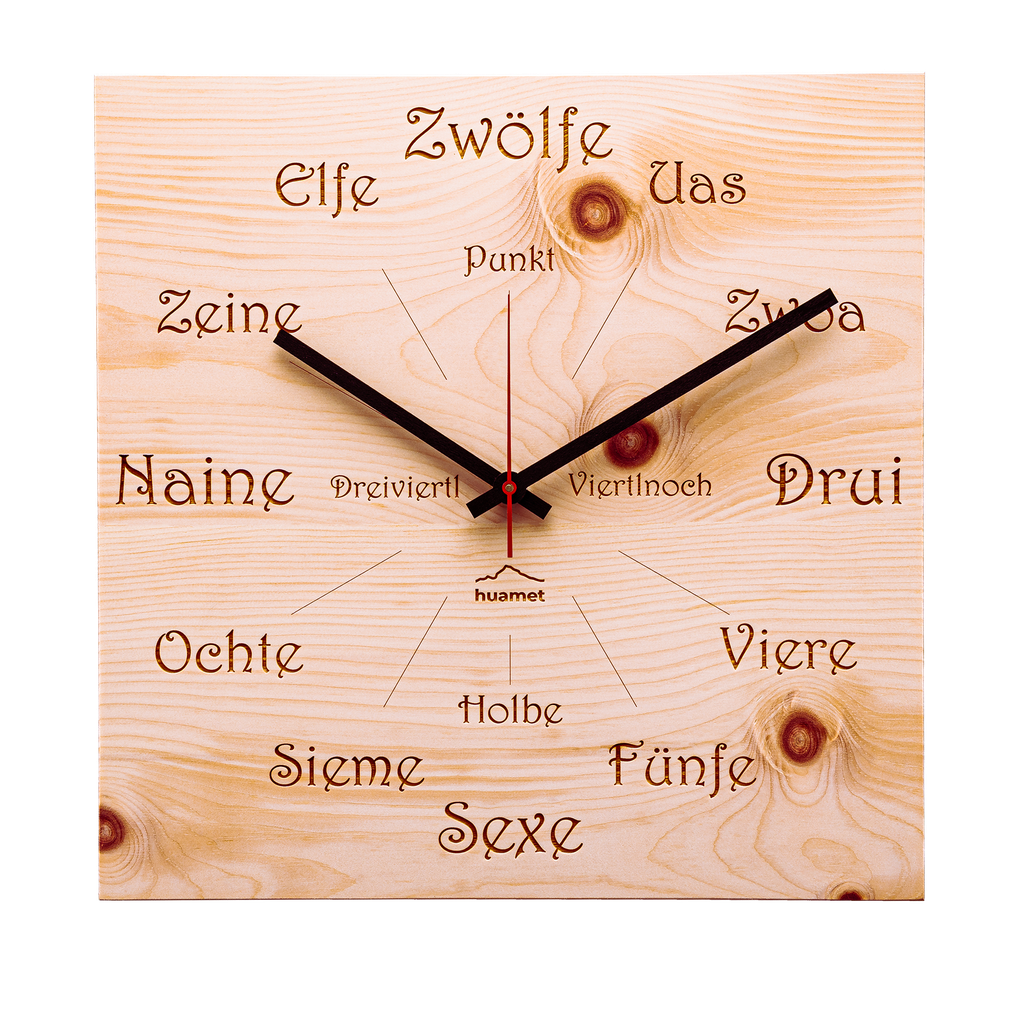 [CH41-A-1605] Uhrform - Geräuschlose Wanduhr, Zirbenholz, eckig, 30 x 30 cm (Ultnerisch)