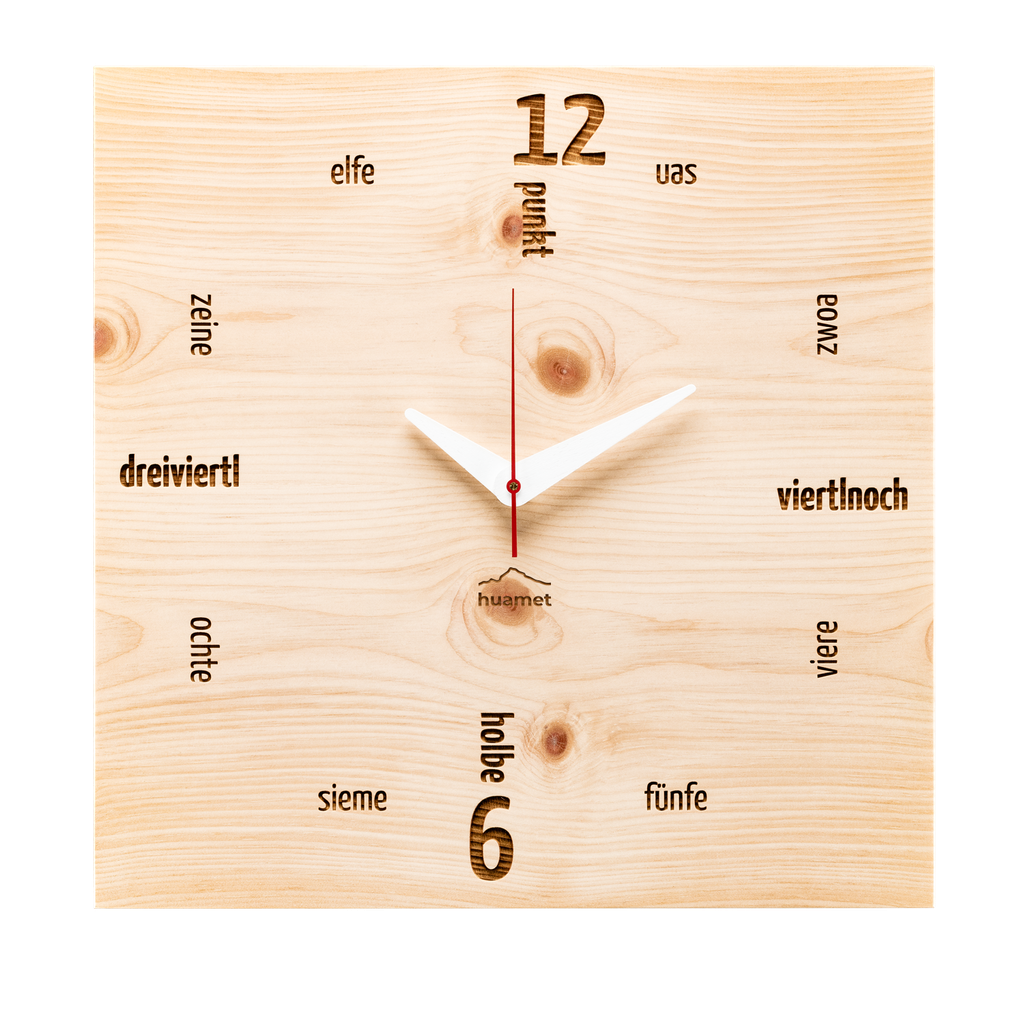 [CH41-C-01] Kultuhr - Geräuschlose Wanduhr, Zirbenholz, eckig, 30 x 30 cm (Ultnerisch)