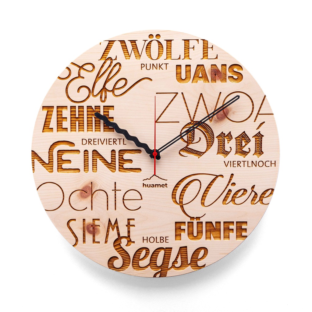 [CH40-A2413] Textuhr - Geräuschlose Wanduhr, Zirbenholz, rund, ø 30 cm (Ultnerisch)