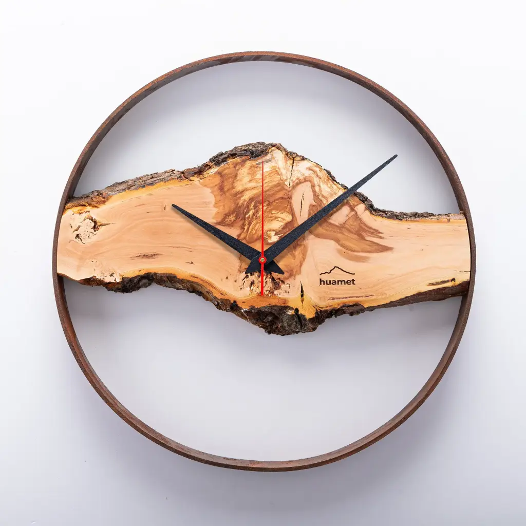 Wuhrzel Nr. 207 - Geräuschlose Wanduhr, Apfelholz massiv, rund, ø 30 cm, mit Stahlring