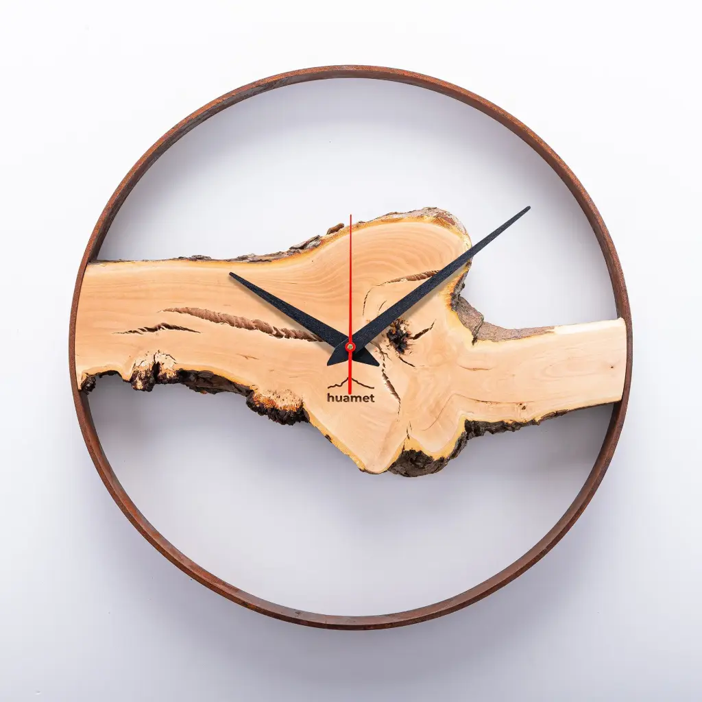 Wuhrzel Nr. 208 - Geräuschlose Wanduhr, Apfelholz massiv, rund, ø 30 cm, mit Stahlring