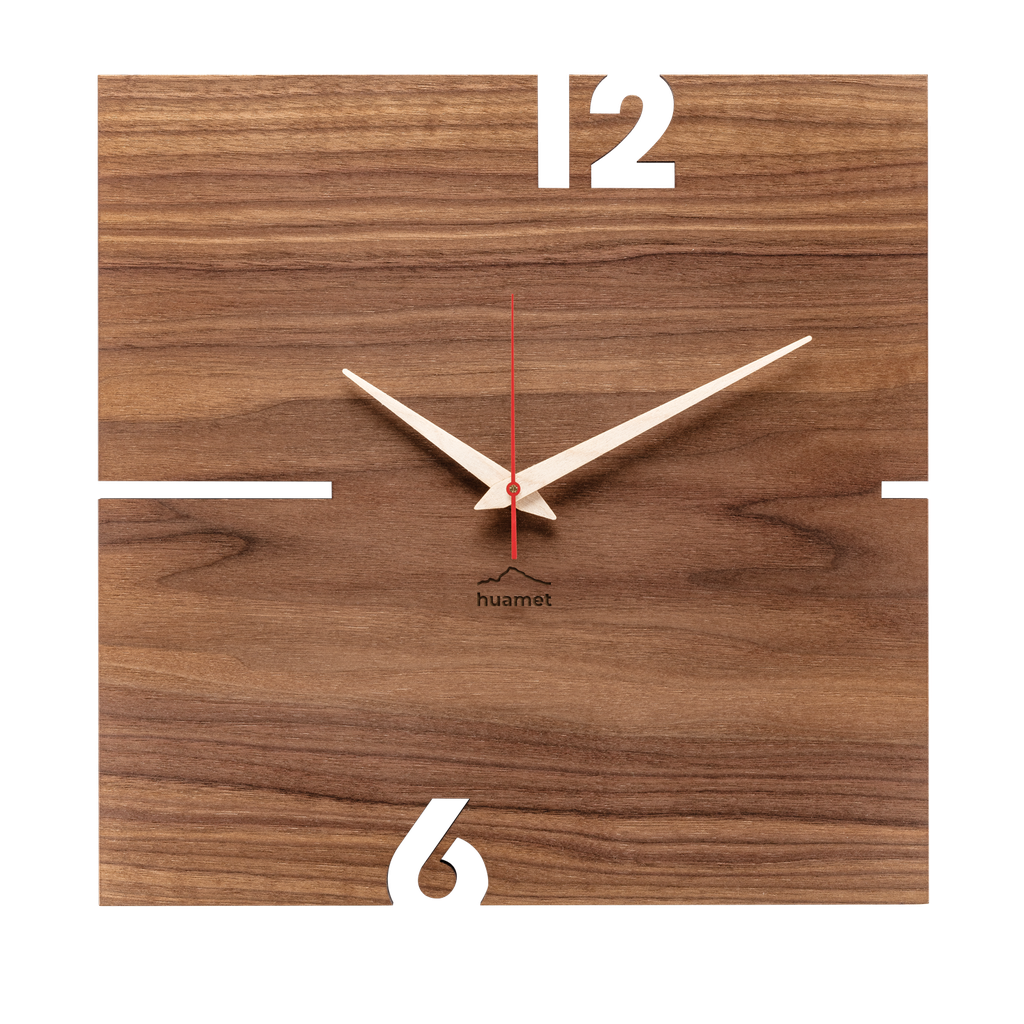 [CH11-B-00] Puhr - Geräuschlose Wanduhr, Nussholz, eckig, 30 x 30 cm